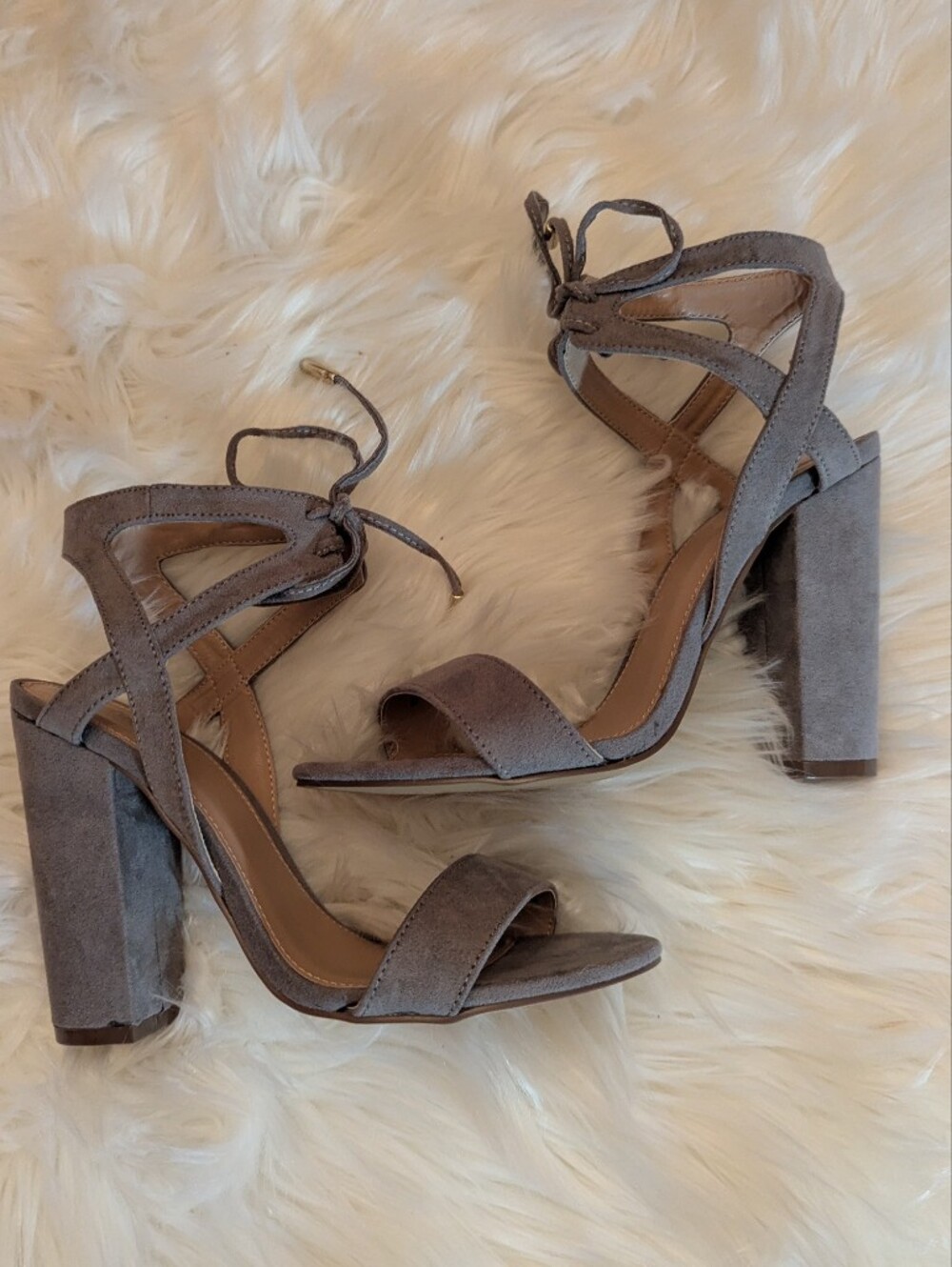 Grey Suede Open Toe Block Heels With Ankle Strap
